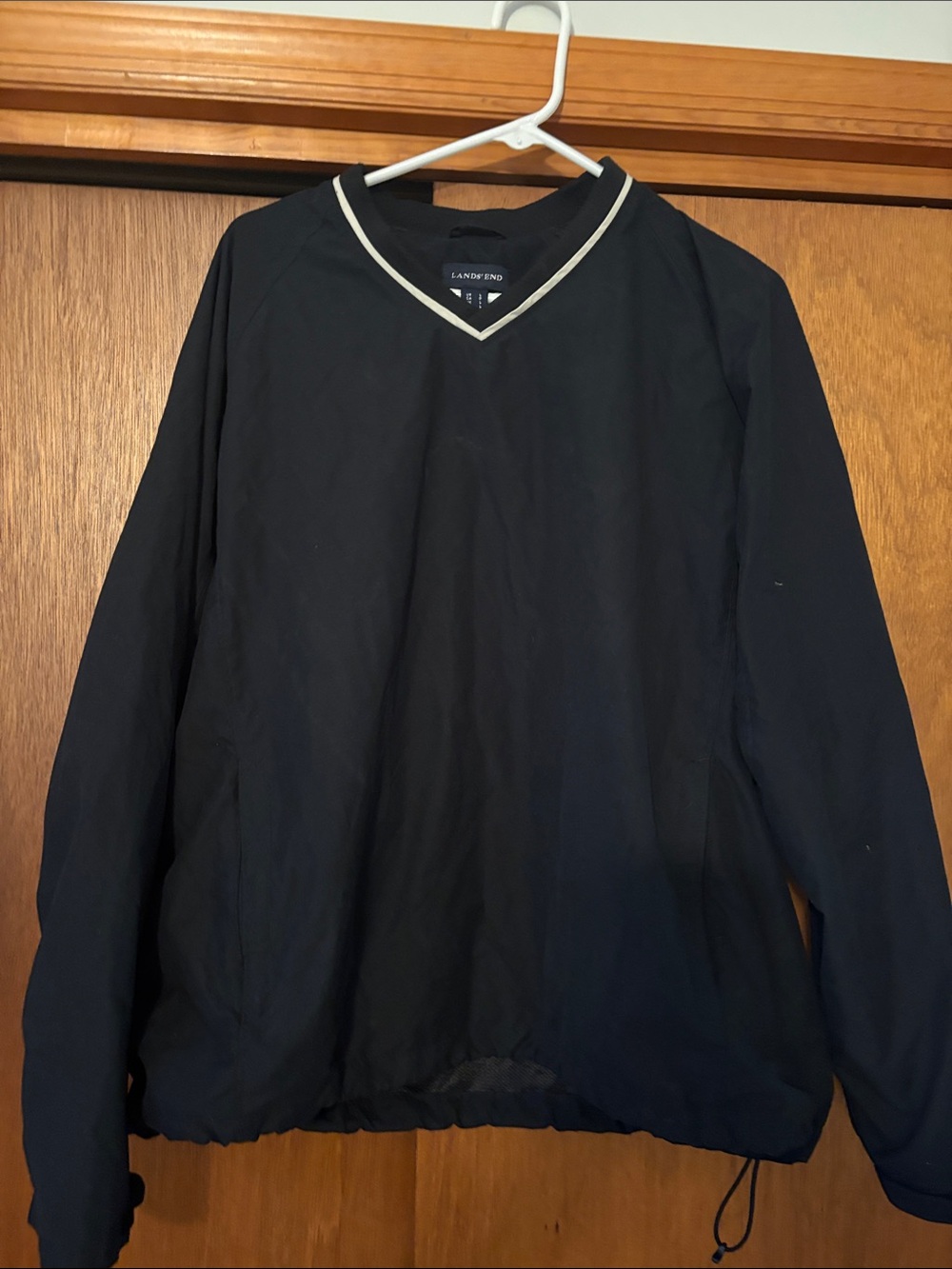 Lands' End Black Pullover Jacket with Cream V-Neck Trim
